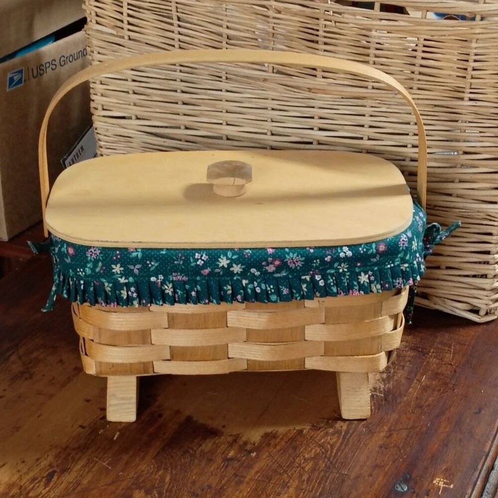 Vintage Wooden Woven Footed Basket with Movable Handle